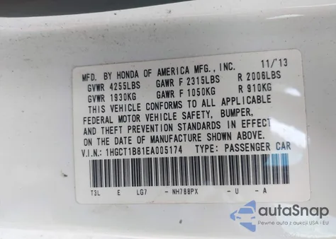 2014 Honda Accord Ex-L z USA, uszkodzony, nr VIN 1HGCT1B81EA005174